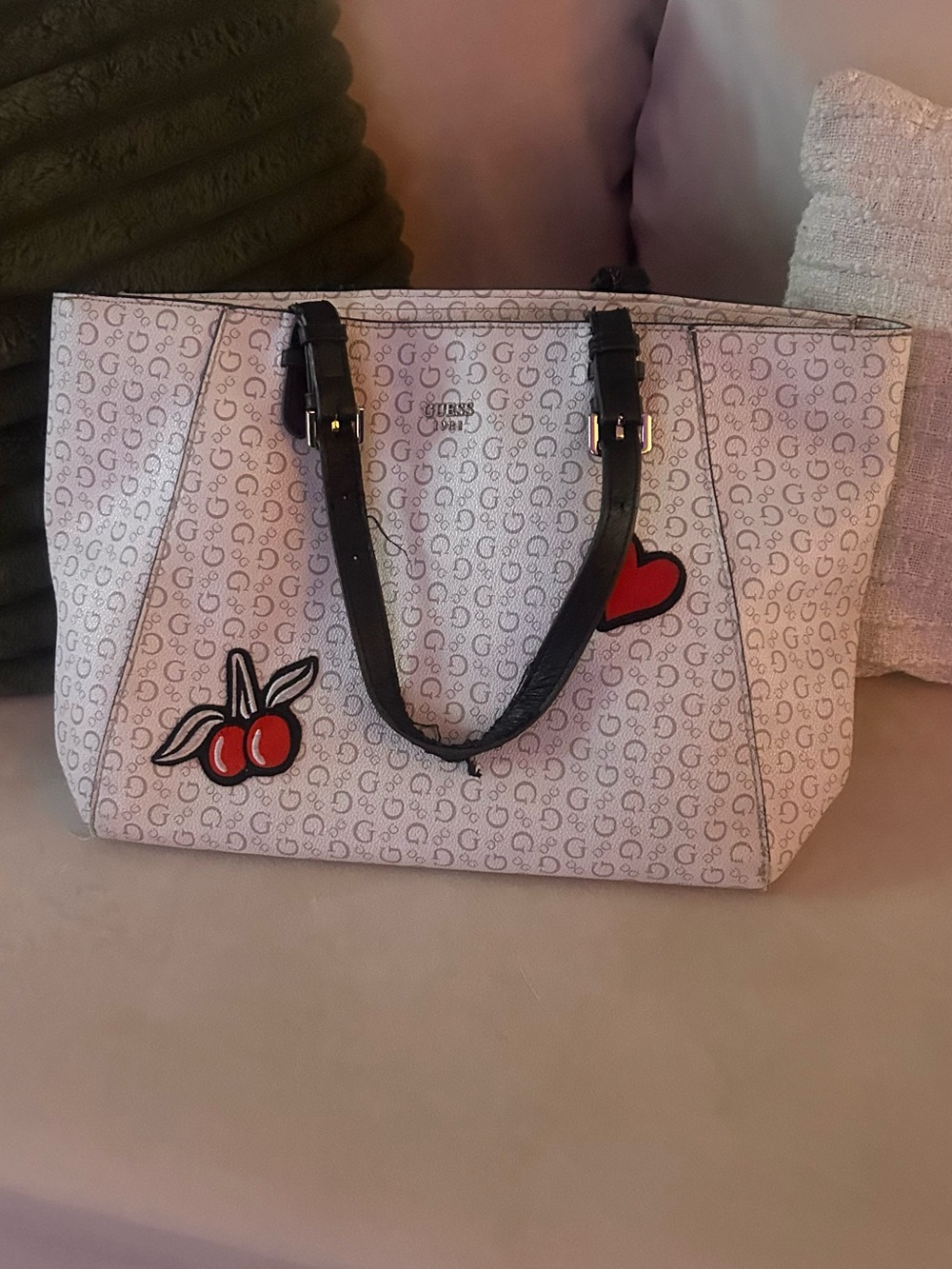 GUESS White Logo Tote with Black Handles and Red Patch Accents